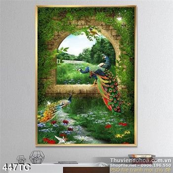 Tranh chim công rực rỡ bên cửa sổ