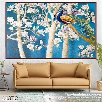 Tranh chim công đậu trên ngọn cây giả ngọc đẹp