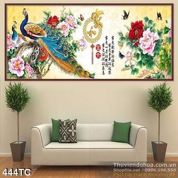 Tranh chim công hoa mẫu đơn in uv psd