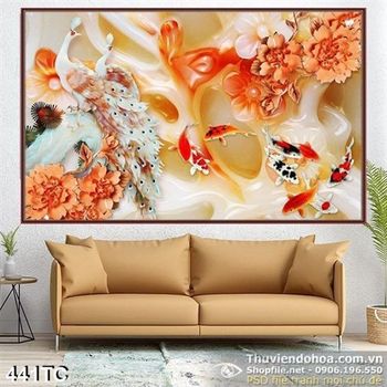 Tranh chim công 3d giả ngọc và cá koi