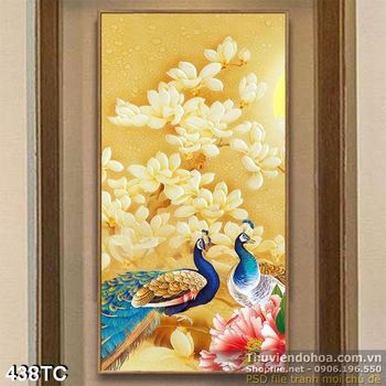 Tranh chim công khổ dọc đẹp in uv psd