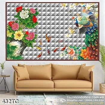 Tranh chim công 3d đẹp và cá chép koi