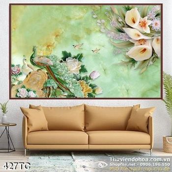 Tranh chim công giả ngọc in uv hoa loa kèn