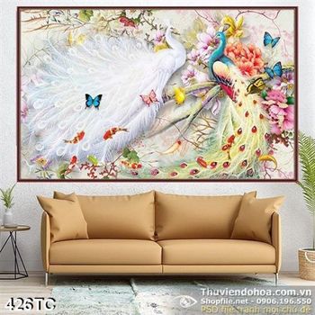 Tranh chim công  màu trắng khoe sắc màu xuân