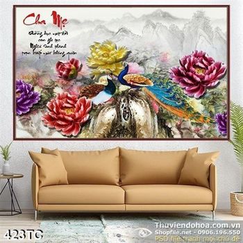 Tranh chim công cha mẹ hoa mẫu đơn 3d giả ngọc