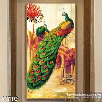 Tranh chim công khổ dọc vẽ tay psd