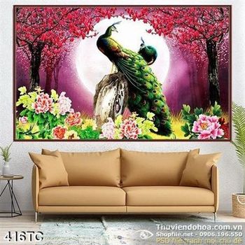 Tranh chim công yêu nhau dưới ánh trăng lẻ loi