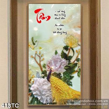 Tranh chim công tâm khổ dọc psd