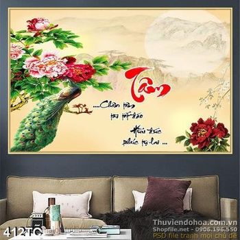 Tranh chim công 3d tâm và ánh trăng bên sườn núi