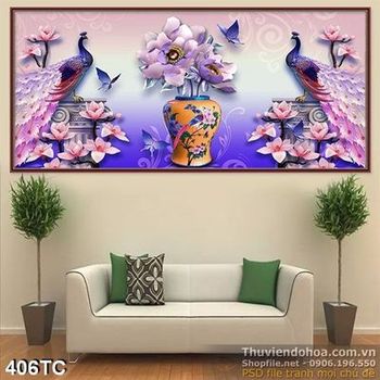 Tranh chim công 3d điêu khắc và bình hoa cổ