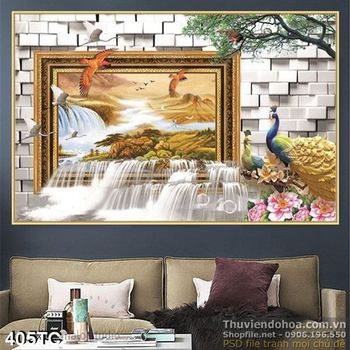 Tranh chim công và thác nước lớn đẹp