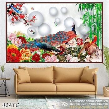 Tranh chim công và dàn hoa mẫu đơn đẹp
