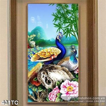 Tranh chim công và cây tre in uv