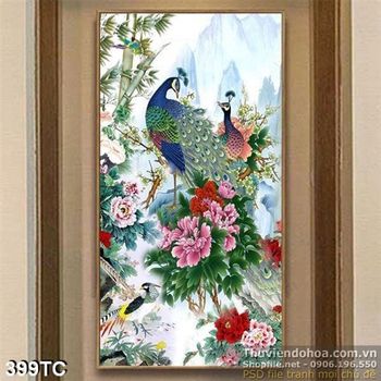 Tranh chim công vui đùa bên nhau và hoa mẫu đơn