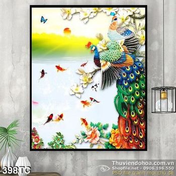 Tranh chim công và đàn cá chép 3d  giả ngọc đẹp