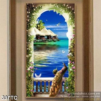 Tranh chim công bên ban công nhìn ra biển in uv wall