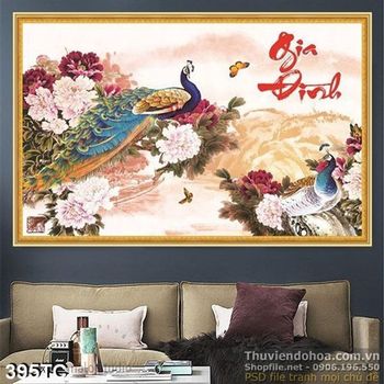 Tranh chim công gia đình vẽ tay ấn tượng 3d