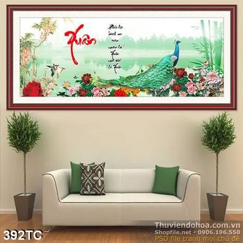 Tranh chim công xuân và bộ lông màu xanh