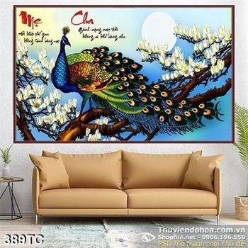 Tranh chim công cha mẹ xòe đuôi khoe sắc