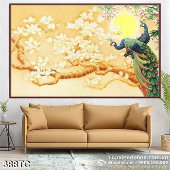 Tranh chim công và cành hoa trắng đẹp psd