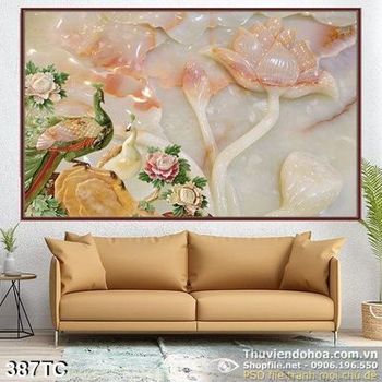 Tranh chim công hoa sen và giả ngọc in uv