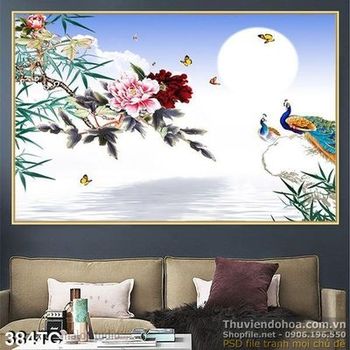 Tranh chim công và ánh trắng soi sáng psd