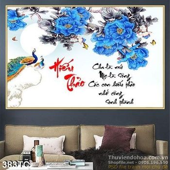 Tranh chim công hiếu thảo và hoa màu xanh wall 3d