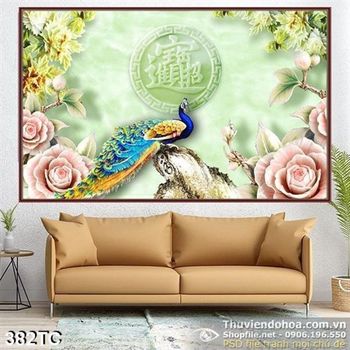 Tranh chim công và bông hoa giả ngọc psd