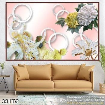 Tranh chim công 3d hoa mẫu đơn