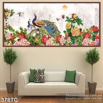 Tranh chim công khổ ngang và hoa mẫu đơn psd đẹp