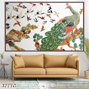 Tranh chim công giả ngọc và muôn loài chim nhỏ in uv