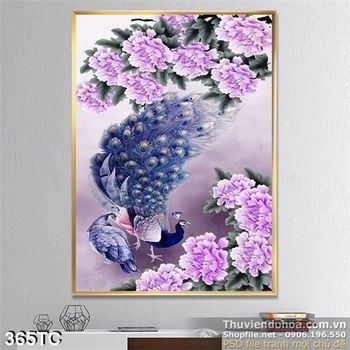 Tranh chim công và hoa màu tím