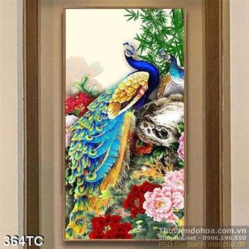 Tranh chim công đẹp khổ dọc 3d