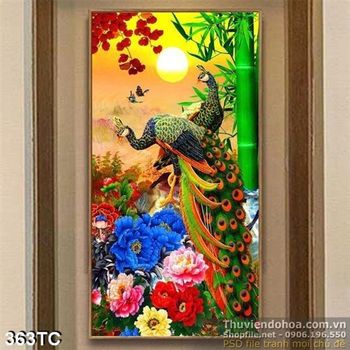 Tranh chim công khổ dọc cây tre in uv