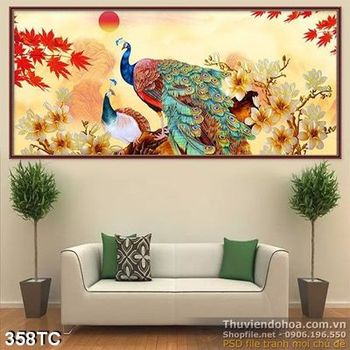 Tranh chim công khoe sắc và lá phong mùa thu