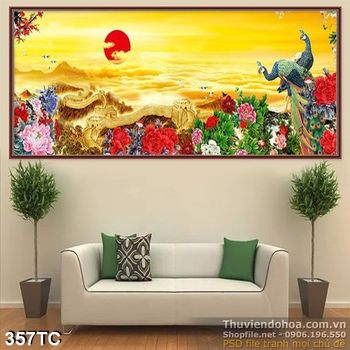 Tranh chim công núi non và mặt trời in uv psd