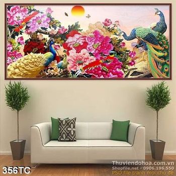 Tranh chim công hoa mẫu đơn khổ ngang đẹp