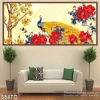 Tranh chim công đuôi vàng đẹp ấn tượng