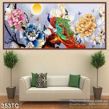 Tranh chim công khoe sắc psd in uv