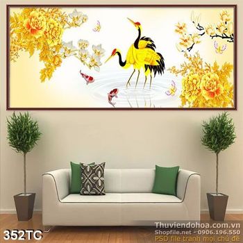 Tranh chim hạc và hoa mẫu đơn mạ vàng psd