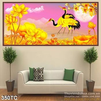 Tranh chim hạc và hoa sen mạ vàng psd