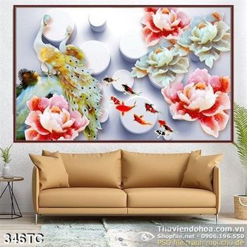 Tranh chim công 3d và hoa mẫu đơn in uv giả ngọc