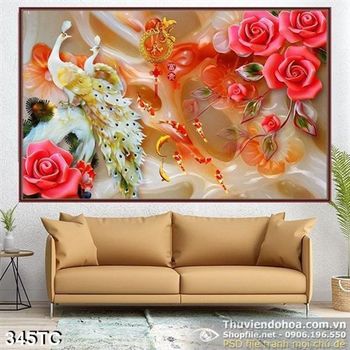 Tranh chim công hoa hồng 3d giả ngọc đẹp