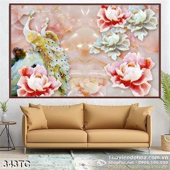 Tranh chim công hoa mẫu đơn giả ngọc wall 3d