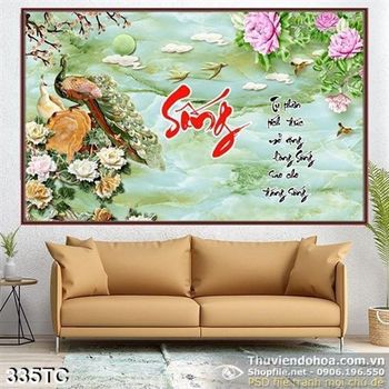 Tranh chim công giả ngọc 3d chữ thư pháp sống