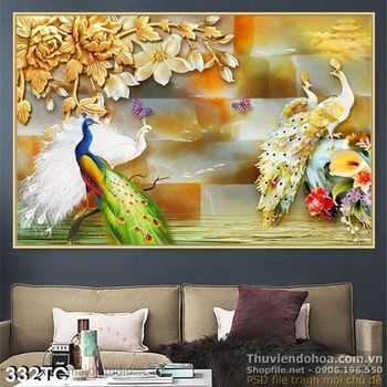 Tranh chim côngmàu trắng và hoa điêu khắc gỗ psd in uv