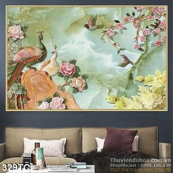 Tranh chim công cội nguồn sơn thủy và hoa mẫu đơn