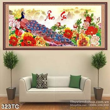 Tranh chim công ân sư và hoa mẫu đơn in uv ód