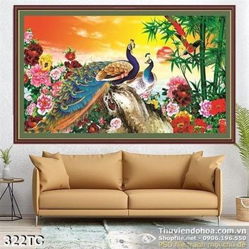 Tranh chim công hoa mẫu đơn và bụi tre