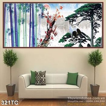 Tranh chim công và khu rừng tre đẹp in uv